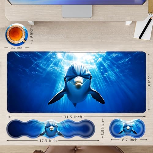 Large Mouse Pad and Keyboard Wrist Rest, Desk Pad for Keyboard and Mouse, 4-in-1 Large Gaming Mouse Pad with Wrist Support, Desk Mat for Home Office Study Game,Dolphin in Ocean - color: Dolphin in Ocean