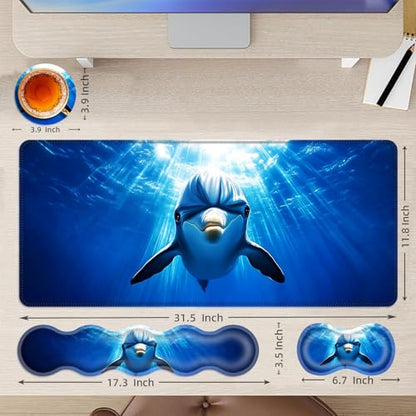 Large Mouse Pad and Keyboard Wrist Rest, Desk Pad for Keyboard and Mouse, 4-in-1 Large Gaming Mouse Pad with Wrist Support, Desk Mat for Home Office Study Game,Dolphin in Ocean - color: Dolphin in Ocean