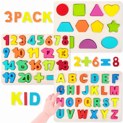 Attmu Wooden Puzzles for Toddlers, 3 Pcs Alphabet Puzzle ABC Shape Number Puzzle, Learning Toys for Kids, Preschool Educational Activities Toddler Gift Toys for Girls Boys Christmas Valentines Easter - size: 3 Pack