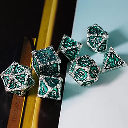Cusdie 7 Pcs Metal Dice with Metal Box, Dagger Design Polyhedral DND Dice Set, for Role Playing Game D&D Dice (Silver Green) - color: Silver Green