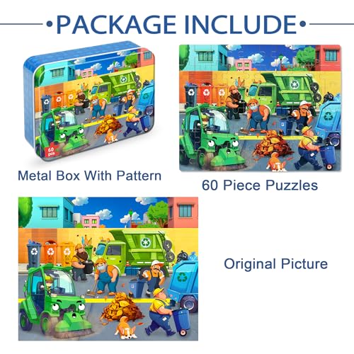 LELEMON Ocean Puzzles for Kids Ages 4-6,Recycling Garbage Truck 60 Piece Puzzles for Kids Ages 4-8,Children Jigsaw Puzzles in a Metal Box,Educational Learning Puzzle Toys for Girls and Boys - color: Recycling Garbage Truck