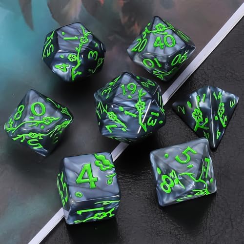 CiaraQ 7pcs Polyhedral Dice Set for Dungeon and Dragons MTG Table Games | Acrylic Role Playing Dice for D&D with Black Velvet Bag – Black Pearl with Green Numbers & Plum Blossom Patterns - color: Black and Green Floral Dice