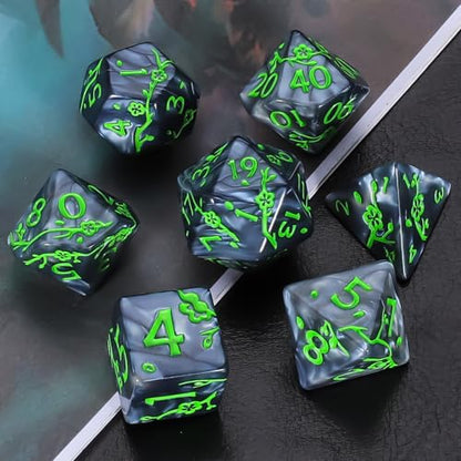 CiaraQ 7pcs Polyhedral Dice Set for Dungeon and Dragons MTG Table Games | Acrylic Role Playing Dice for D&D with Black Velvet Bag – Black Pearl with Green Numbers & Plum Blossom Patterns - color: Black and Green Floral Dice