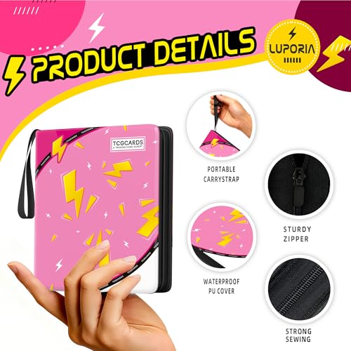Trading Card Binder 9 Pocket,900 Pocket Card Collection Binder with 50 Removable Sleeves,PU Waterproof Top Card Book,3-Ring Zipper Collectible Trading Card Album for MTG/TCG/Card Holder Gift（Pink） - color: Pink, size: Large