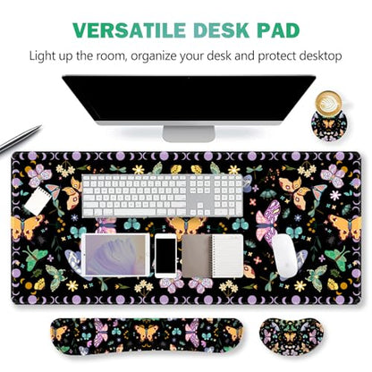 ARTSO Desk Mat Set, Black Butterfly Extended Gaming Mouse Pad with Wrist Rest Support +Keyboard Wrist Rest +Coaster, Large Cute Mousepad, Easy Typing and Pain Relief - color: Black Butterfly