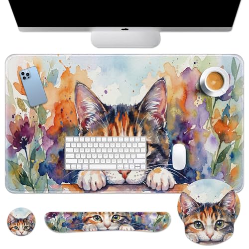 Arttown Keyboard Mouse Pad Set, 4 in 1 Desk Mat Set Cat Floral | Boho Colorful Large Mousepad+Keyboard Wrist Rest+Mouse Wrist Rest+Coaster Ergonomic Design for Home Office Computer - color: Cat Floral
