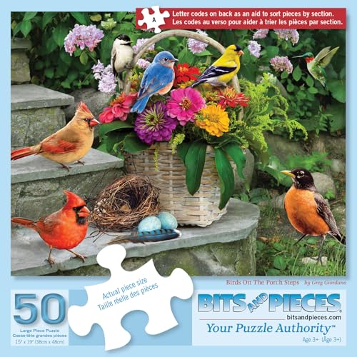 Bits and Pieces 50 Piece Puzzles for Adults - Birds on the Porch Steps - 50 Extra Large Pieces 15" x 19" Jigsaw Puzzles, Flowers, Summer, No 2 Pieces Alike - size: 50 Piece Puzzle