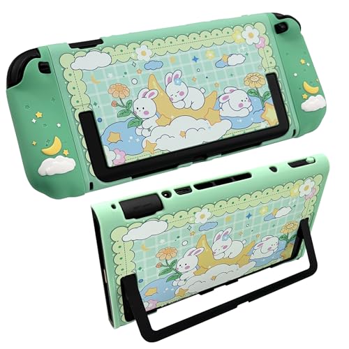 Protective Case for Nintendo Switch 2, Hard Back Shell + 2 Silicone Anti-Slip Controller Covers + 2 Joystick Caps, Rabbit and Flower Cover, Green - color: Green