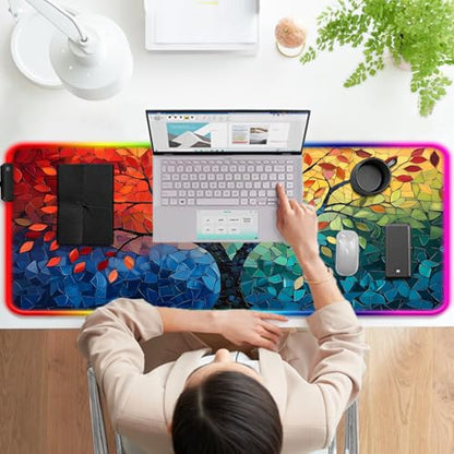 RGB Fantasy Tree of Life Gaming Desk Mat, Computer Keyboard Large Extended Long Abstract LED Mouse Pad for Office and Home, XL (W04) - color: Rgb-w04