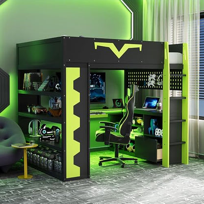 Merax Gaming Loft Bed with Integrated Desk & RGB LED Lights, Pro-Gamer Bed with Power Outlet, Large Bookshelf, Pegboard, Keyboard Tray & Storage Drawer, 3 Colors Available, Full Size, Green