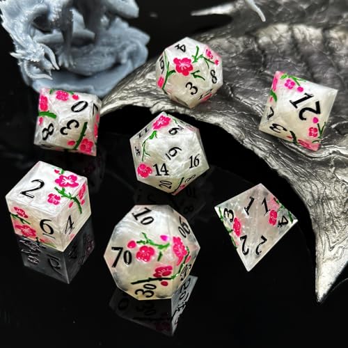 HAOMEJA Resin Flower Dice Set 7pcs/ Sharp Edged Polyhedral Dice/Apply to RPG-MTG/D&D/DND/Role Playing Table Game/Easter/Halloween Party Gift (White) - color: 7 White