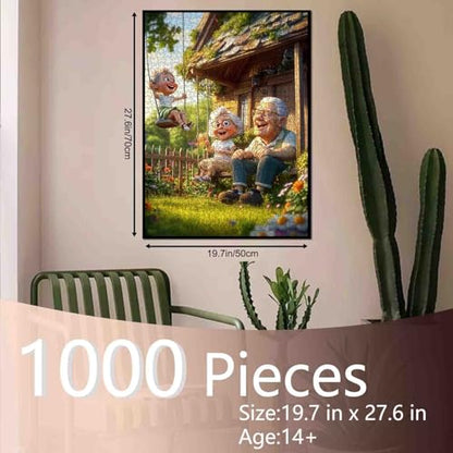 1000 Piece Jigsaw Puzzle for Adults Students Cute Old Couple Sitting On Porch with Boy Swinging in Garden Puzzles Sunny Day Nature Scene Colorful 20×27 Inches Relaxing Educational Jigsaws Game - color: Puzzle-grandma-07