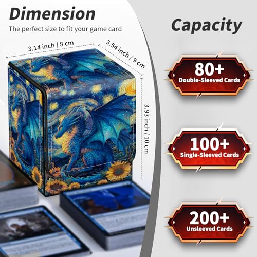 BVDIKMI Card Deck Box for MTG, Card Storage Box Fits 100+ Single Sleeved Cards, PU Leather Strong Magnet Card Deck Case Holder for Magic Commander TCG CCG, Sunflowers Blue Dragon - color: Sunflowers Blue Dragon