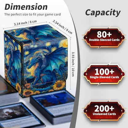 BVDIKMI Card Deck Box for MTG, Card Storage Box Fits 100+ Single Sleeved Cards, PU Leather Strong Magnet Card Deck Case Holder for Magic Commander TCG CCG, Sunflowers Blue Dragon - color: Sunflowers Blue Dragon