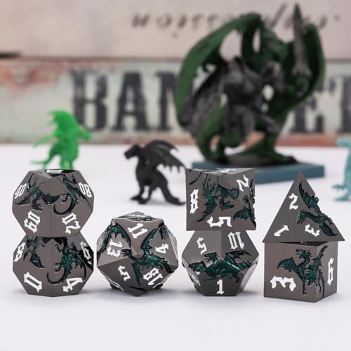 Sharp Edge Metallic DND Dragon Dice Set,Metal Polyhedral Dice with Dragon for Dungeons and Dragons RPG TTRPG D&D 7-Die Set with Gift Case - color: Dragon-black Nickel Sparkle Deep Green