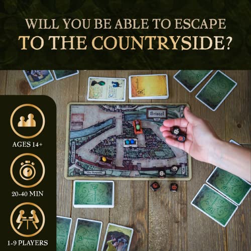 Facade Games Bristol 1350 Board Game, Strategy & Deceit for 1-9 Players | Ages 14 and Up, Solo & Party Play, Social Deduction Game, 9 Character Cards & Custom Dice - style: Bristol 1350