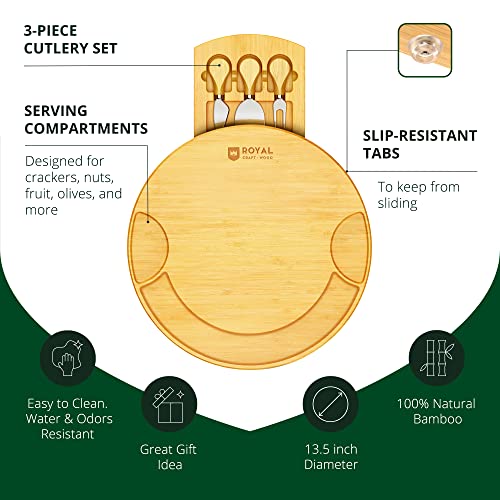 ROYAL CRAFT WOOD Bamboo Cheese Large Round Board and Knife Set with Charcuterie Board & Serving Tray Non - Expandable - style: 2-3 Guests