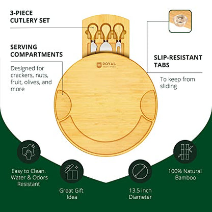 ROYAL CRAFT WOOD Bamboo Cheese Large Round Board and Knife Set with Charcuterie Board & Serving Tray Non - Expandable - style: 2-3 Guests