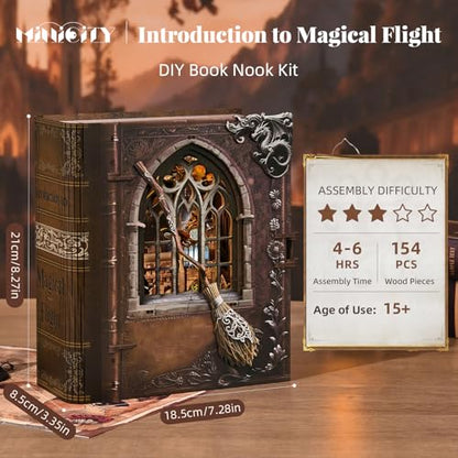 MiniCity Book Nook Kit, DIY Miniature House Kit for Adults, Teens and Beginners, Dollhouse Booknook Library Tiny House Bookshelf Decor (Introduction to Magical Flight) | Open the book-style case to reveal a flight academy; 154-piece LED model includes dus