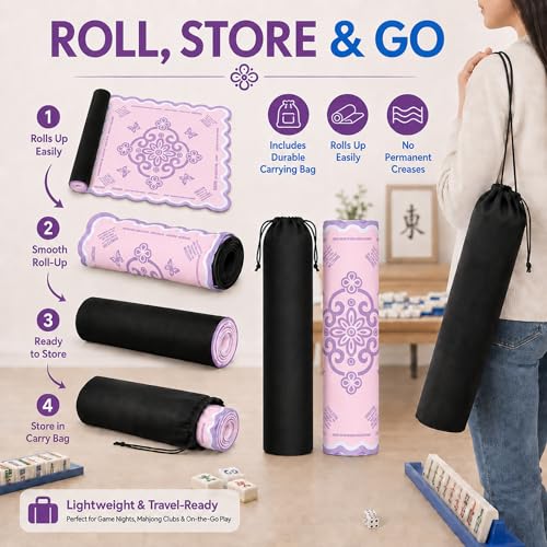 Neoprene Mahjong Mat for Table, 32 x 32 Inch Square Mahjong Table Mat with Carrying Bag, Non Slip Rubber Backing, Noise Reducing Game Mat for American Mahjong, Dominoes, Cards, Board Games (Pink) - color: Pink