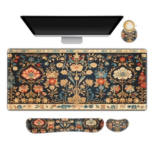 Desk Mat Set, Mouse Pad with Wrist Rest Support + Keyboard Wrist Rest + Large Mouse Pad + Coaster, Extended Gaming Mousepad Combo, Retro Flower Plant - color: Retro Flower Plant