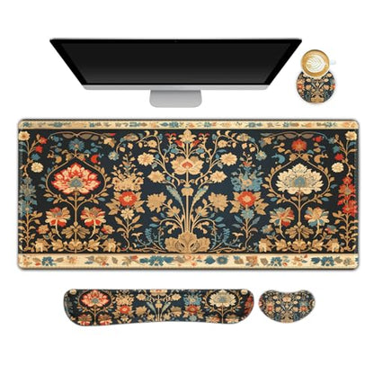 Desk Mat Set, Mouse Pad with Wrist Rest Support + Keyboard Wrist Rest + Large Mouse Pad + Coaster, Extended Gaming Mousepad Combo, Retro Flower Plant - color: Retro Flower Plant