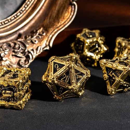 Metal Skull Dice Set with Skull Bag,7PCS Polyhedral Metal Dice Set for DND Role Playing Games(Gold Black) - color: Skull Gold Black