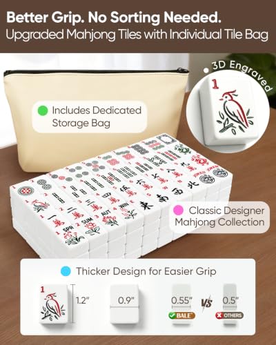 BALE® Upgraded American Mahjong Tile Set with Complete Game Accessories | 166 White Engraved 1.2" Mah Jongg Tiles , 4 Color Acrylic Racks Pushers,3 Pcs Majong Carrying Bags, Travel Family Friend Club - color: Classic Beige