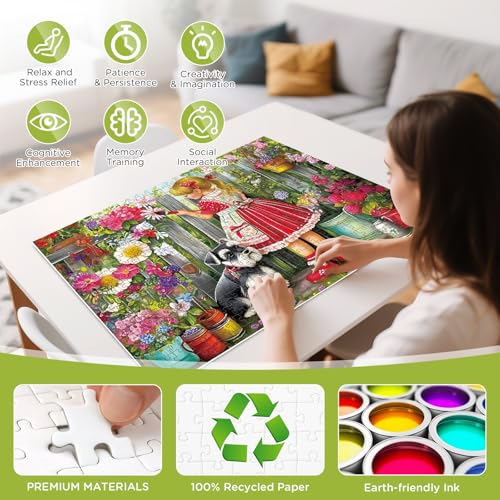 500 Pieces Puzzle for Adults, Beautiful Girl Jigsaw Puzzle, Cute Dog Garden Flowers Puzzle for Kids Adults Seniors, Recycled Cardboard Puzzle with Letters on Back, Fun Family Game Birthday Party Gift - color: Beautiful Girl