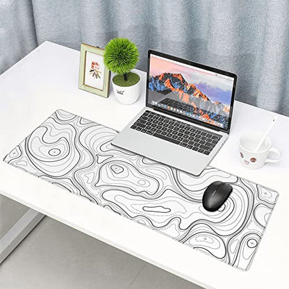 White Topographic Contour XL Gaming Mouse Pad Extended Long Large Mousepad with Stitched Edges Laptop Desk Pad Computer Keyboard PC Mouse Mat Nonslip Rubber Base for Company Office Gamer - color: White Topographic, size: 31.5" x 11.8"