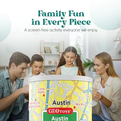 Geotoys Austin Mini City Puzzle - 100 Piece Puzzles for Kids and Adults in Portable Can, 13" x 10" Educational Travel Puzzle for Ages 7 and Up - Mini Puzzles to Learn & Explore Geography - style: Austin