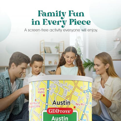 Geotoys Austin Mini City Puzzle - 100 Piece Puzzles for Kids and Adults in Portable Can, 13" x 10" Educational Travel Puzzle for Ages 7 and Up - Mini Puzzles to Learn & Explore Geography - style: Austin