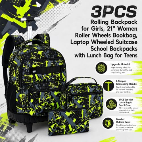 3Pcs Rolling Backpack for Boys Men, Travel Roller Backpacks with Wheels for Adults, Teens College Graffiti Wheeled Bookbag with Lunch Box(Green) - color: Airbrush Green