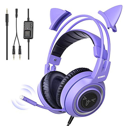 SOMIC G951S Purple Stereo Gaming Headset with Mic for PS4, PS5, Xbox One, PC, Phone, Detachable Cat Ear 3.5MM Noise Reduction Headphones Computer Gaming Headphone Self-Adjusting Gamer Headsets - color: Purple