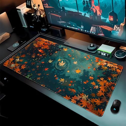 Maple Leaves Desk Mat Gaming Mouse Pad Large, Extended Desk Pad Full Desk Cover Mat, Fall Leaves Laptop Keyboard Pad, Computer Desktop Mat XXL, Aesthetic Fall Desk Accessories 31.5x15.7 Inch - color: Fall Leaf