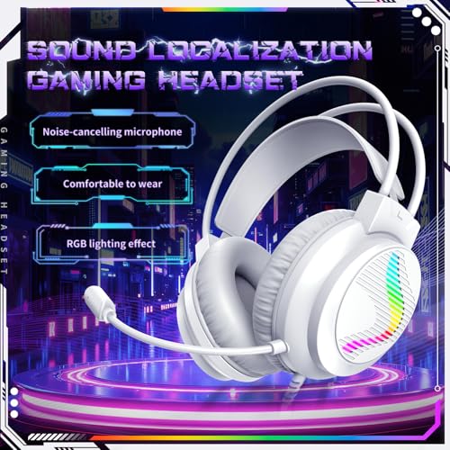 J11 Gaming Headset with Microphone, Noise Cancelling Gaming Headphones Compatible with PS4 PS5 Xbox One PC Laptop, Over-Ear Headset with LED RGB Light, 7.1 Stereo Surround Sound (White) - color: White