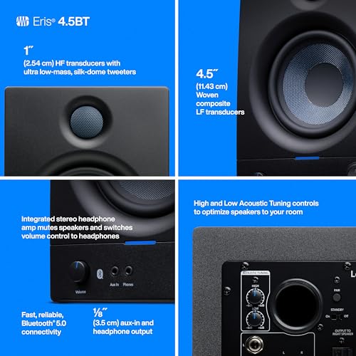 PreSonus Eris 4.5BT Bluetooth Studio Monitors, Pair — 4.5" Inch Powered Bookshelf Speakers, Stereo, Desktop Computer, Near Field Music Production, Audio Mixing Recording | Pair • Bluetooth 5.0 • 4.5 Woven Woofer • 1 Silk-Dome Tweeter • 50W Class Ab • 70hz
