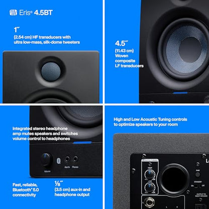 PreSonus Eris 4.5BT Bluetooth Studio Monitors, Pair — 4.5" Inch Powered Bookshelf Speakers, Stereo, Desktop Computer, Near Field Music Production, Audio Mixing Recording | Pair • Bluetooth 5.0 • 4.5 Woven Woofer • 1 Silk-Dome Tweeter • 50W Class Ab • 70hz