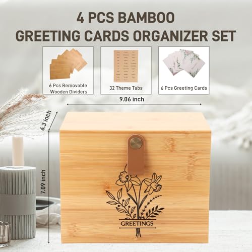 Large Bamboo Greeting Card Organizer Box with 6 Removable Dividers, Real Leather Handle, 100% Handmade Solid Bamboo, Storage Box for Christmas, Valentine, & Birthday Cards, Postcards, Stationery - color: Wood