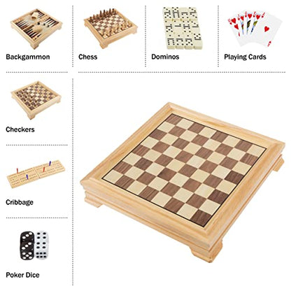 Board Game Set - Deluxe 7-in-1 Classic Board Games - Wood Gaming Center with Storage - Chess, Backgammon, Dominos, Checkers, Dice Set, Cribbage Board, and Playing Cards by Trademark Games - style: 7-in-1 Deluxe