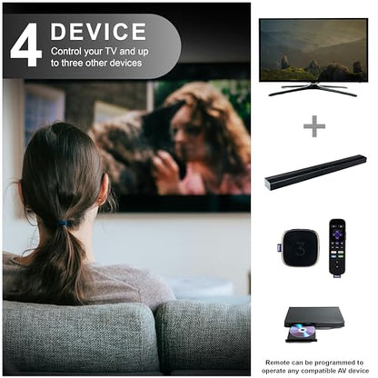 GE Rechargeable TV Remote Control, Universal Remote Control, Backlit | Samsung TV Remote Control Replacement for Smart TVs, Apple TV, Sony, Roku Replacement Remote, LG TV, 4-Device, 80984