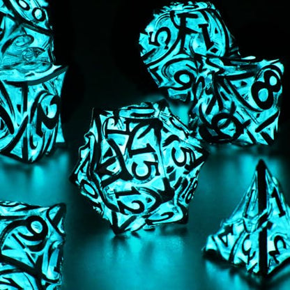 FONVGOGO Glow in The Dark Light up DND Dice Metal for Dungeons and Dragon 7 Polyhedral Dice Set Hollow Metal Vine D and D RPG Dice for Role Playing Game (Vine Glow Blue) - color: Vine Glow Blue