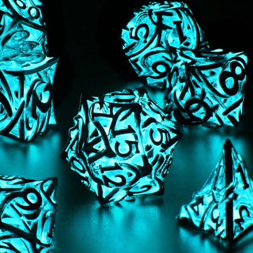 FONVGOGO Glow in The Dark Light up DND Dice Metal for Dungeons and Dragon 7 Polyhedral Dice Set Hollow Metal Vine D and D RPG Dice for Role Playing Game (Vine Glow Blue) - color: Vine Glow Blue