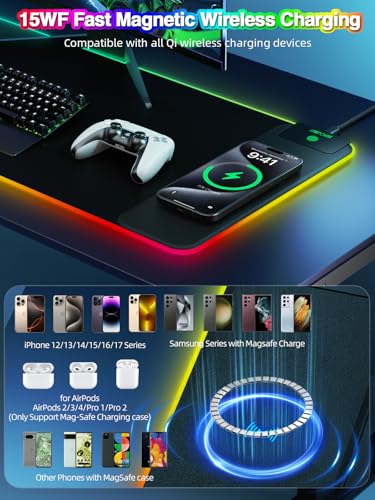 Magnetic Charging Mouse Pad, 31.5x11.81 Inch XL Gaming Mousepad, 11+5 RGB Lighting Modes, Home Office Large Desk Pad with Ultra-Smooth Surface, Non-Slip, Waterproof Keyboard Pad Classic Black Desk Mat - color: 31.5x11.81"-Black Right Upgraded Magnetic