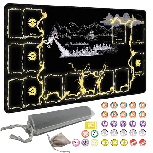Professional TCG Playmat with 31 Damage Counters & Storage Bag, 24"x14" Anti-Slip Rubber Card Game Mat, Portable Tabletop Gaming Accessory for Competitive Players, 2mm Thick(Lightning) - color: Lightning