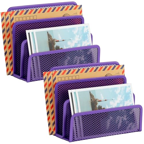 EASEPRES Desk Mail Organizer, Office Small Desktop Metal Mesh Envelope Letter Sorter Paper File Holder Organizer with 3 Vertical Upright Compartments, Purple 2 Pack - color: Purple, size: 2 Pack