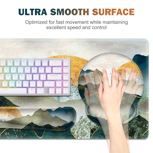 Gaming Mouse Pad, Large Desk Mat, Cute Desk Pad Protector, 4in1 XXL Mousepad +Keyboard Wrist Rest+Mouse Wrist Rest+Coaster Set with Ergonomic Desk Pad for Home Office Table Computer Green Mountain - color: Green Mountain