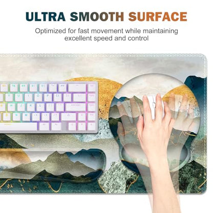 Gaming Mouse Pad, Large Desk Mat, Cute Desk Pad Protector, 4in1 XXL Mousepad +Keyboard Wrist Rest+Mouse Wrist Rest+Coaster Set with Ergonomic Desk Pad for Home Office Table Computer Green Mountain - color: Green Mountain