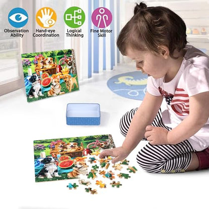LELEMON Puzzles for Kids Ages 4-6,Dogs 100 Piece Puzzles for Kids Ages 4-8 in a Metal Box,Educational Jigsaw Puzzles 100 Piece Puzzle Games Puzzle Toys for Girls and Boys - color: Dogs