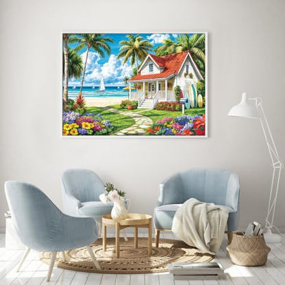 Jigsaw Puzzles for Adults 1000 Piece Puzzle for Adults 1000 Pieces Puzzle 1000 Pieces-Summer Beach Vacation -Surfing, Coconut Trees, Wooden Houses - color: Beach Surfing